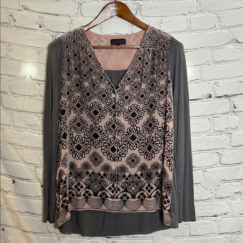 Hale Bob Gray & Pink Long Sleeve Top Size Small Excellent Condition